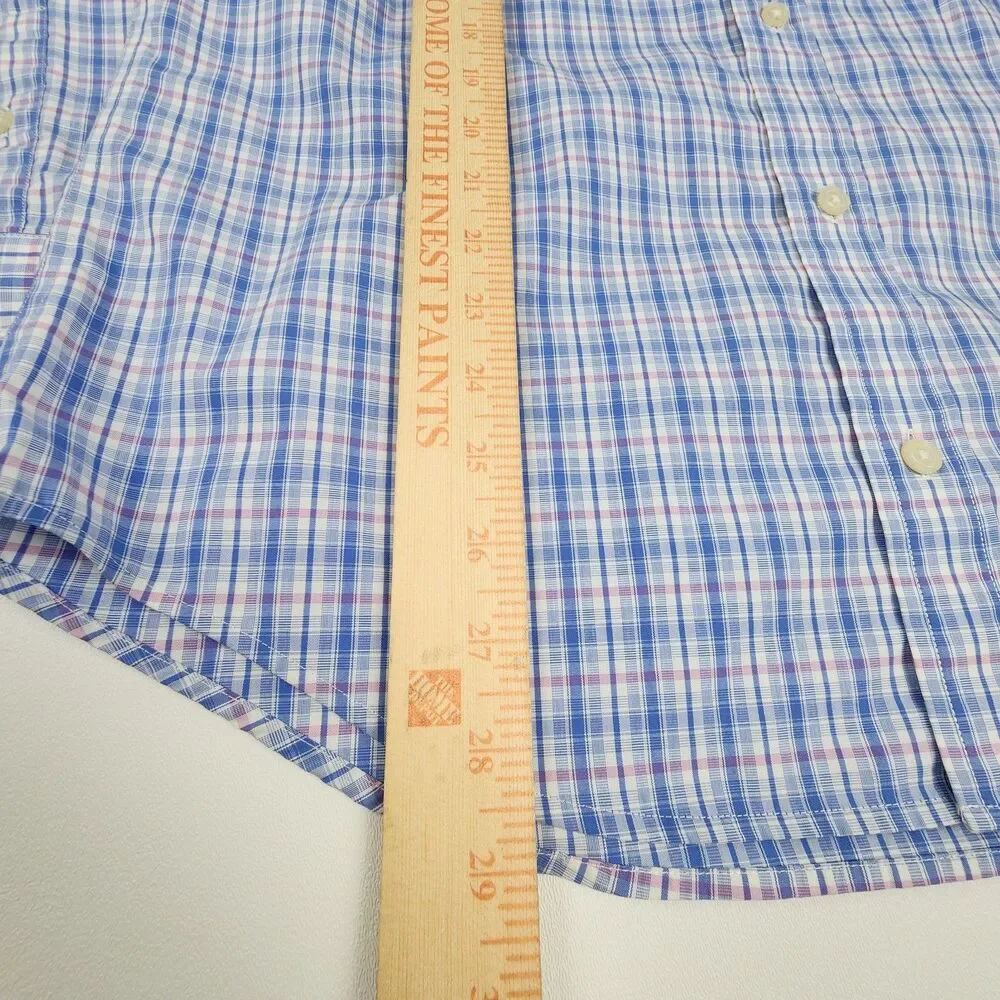 Banana Republic Mens M 15 15.5 Blue Pink Plaid Non Iron Slim Fit Dress Shirt